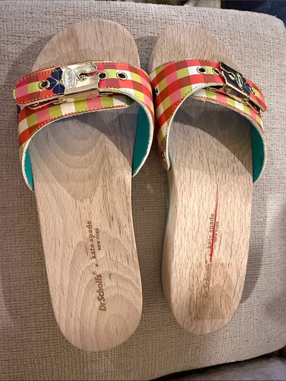 kate spade Plaid Slide Sandals in Red, Yellow, Green